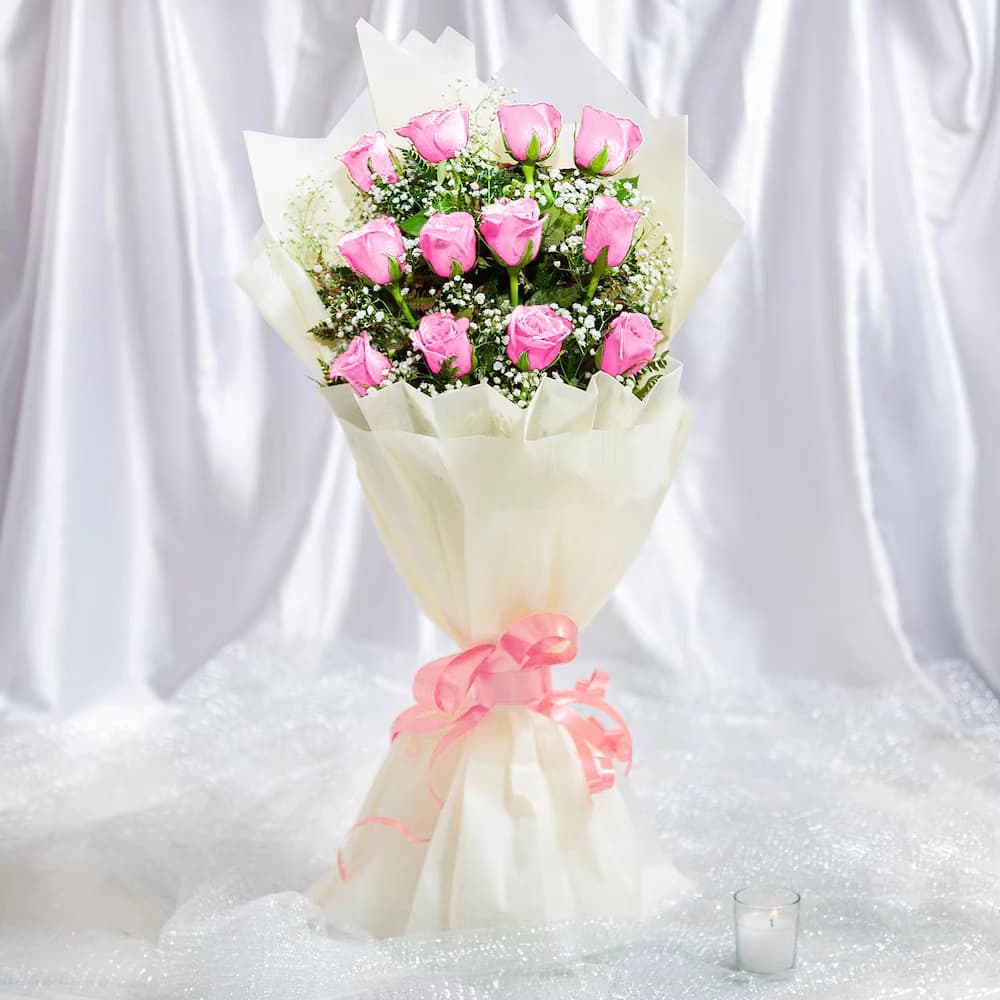 12 Pink Roses Flowers  Bouquet — view 1 of 3
